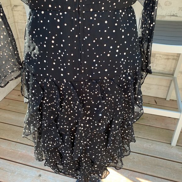 Vintage 80s 90s Sheer Polka Dot Overlay Tiered Ruffle Skirt Dolman Sleeve Dress - Picture 9 of 16